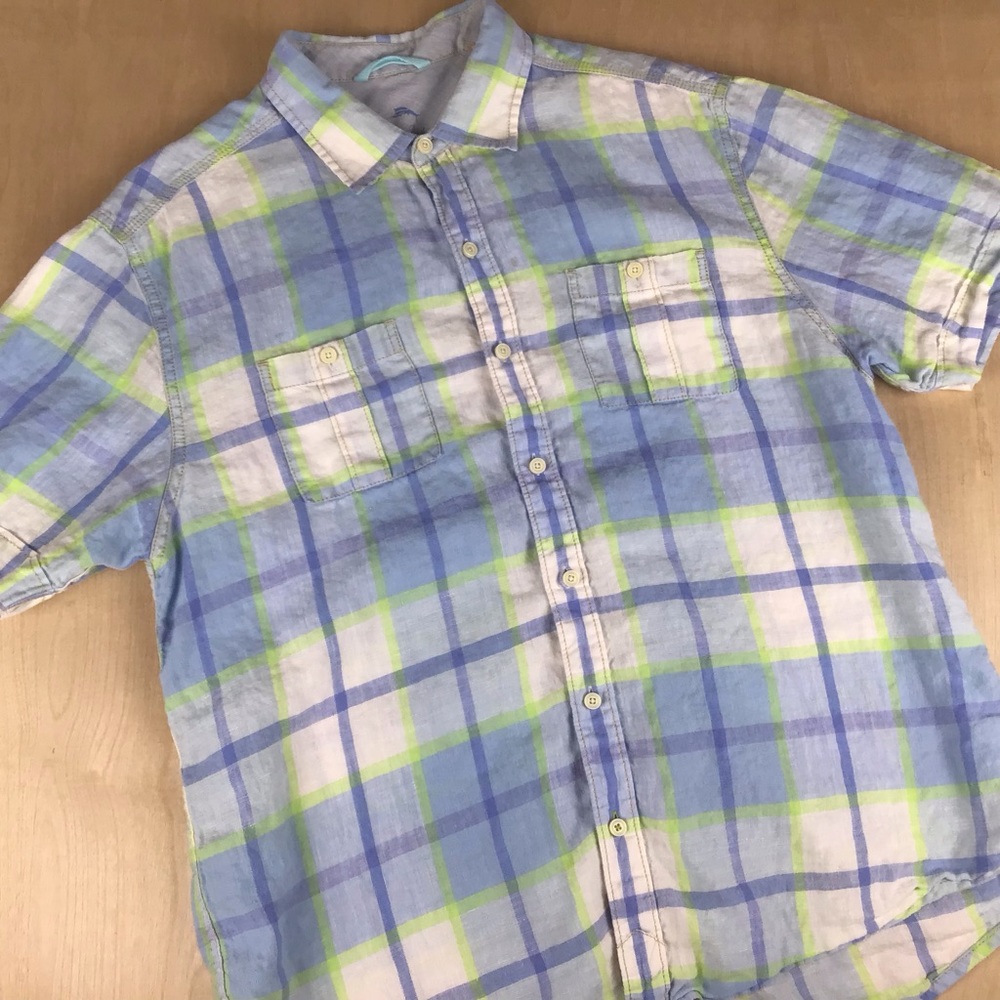 Tommy Bahama Relax Mens Button Up Short Sleeve Plaid Linen Shirt Tropical Beach